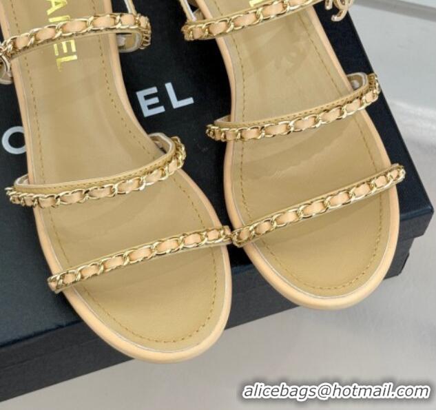 Best Price Chanel Lambskin Heel Sandals with Chain Strap Beige 2025 G45667