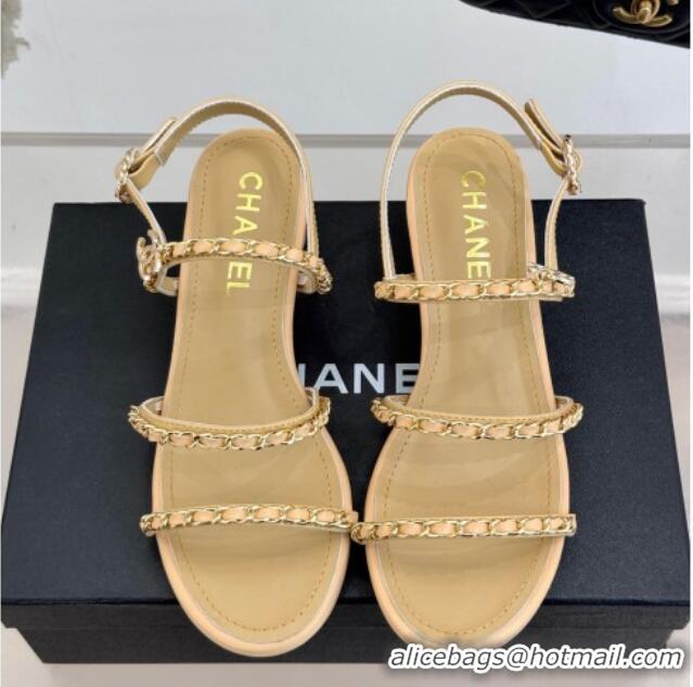 Best Price Chanel Lambskin Heel Sandals with Chain Strap Beige 2025 G45667