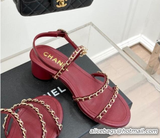 Top Grade Chanel Lambskin Heel Sandals with Chain Strap Burgundy 2025 G45667