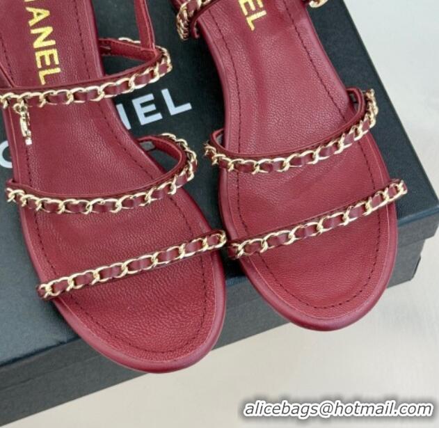 Top Grade Chanel Lambskin Heel Sandals with Chain Strap Burgundy 2025 G45667