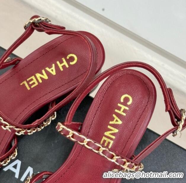 Top Grade Chanel Lambskin Heel Sandals with Chain Strap Burgundy 2025 G45667