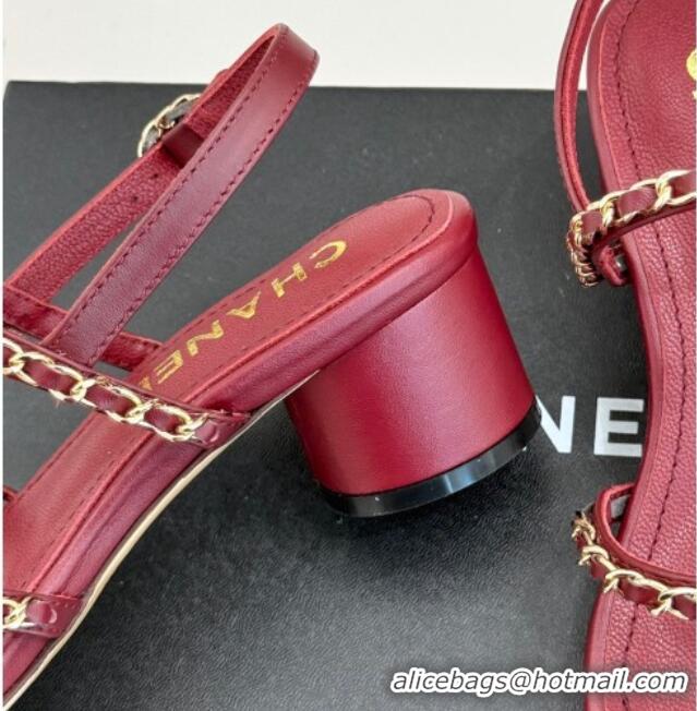 Top Grade Chanel Lambskin Heel Sandals with Chain Strap Burgundy 2025 G45667