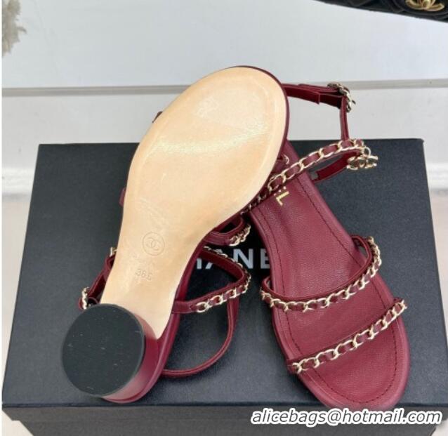 Top Grade Chanel Lambskin Heel Sandals with Chain Strap Burgundy 2025 G45667