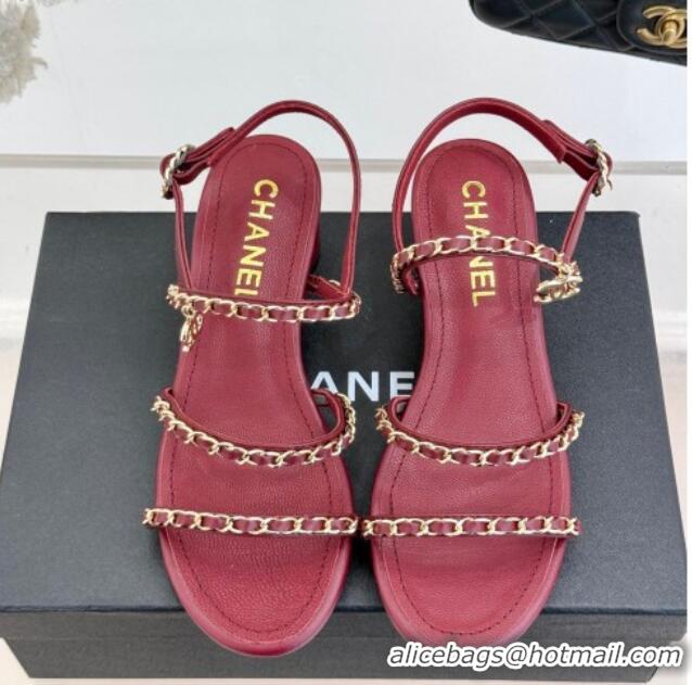 Top Grade Chanel Lambskin Heel Sandals with Chain Strap Burgundy 2025 G45667