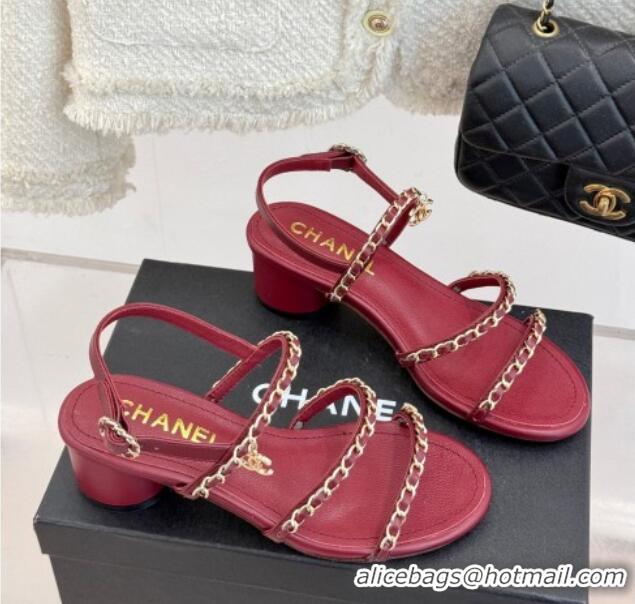 Top Grade Chanel Lambskin Heel Sandals with Chain Strap Burgundy 2025 G45667