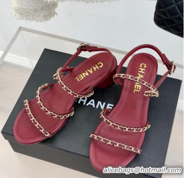 Top Grade Chanel Lambskin Heel Sandals with Chain Strap Burgundy 2025 G45667