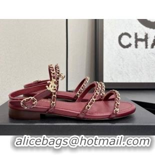 Good Quality Chanel Lambskin Flat Sandals with Chain Strap Burgundy 2025 G45667