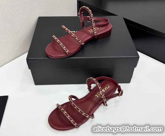 Good Quality Chanel Lambskin Flat Sandals with Chain Strap Burgundy 2025 G45667