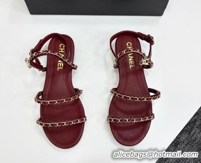 Good Quality Chanel Lambskin Flat Sandals with Chain Strap Burgundy 2025 G45667