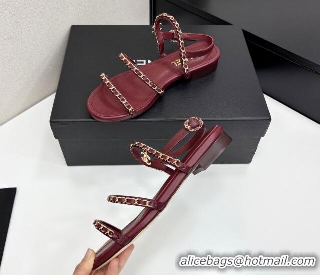 Good Quality Chanel Lambskin Flat Sandals with Chain Strap Burgundy 2025 G45667