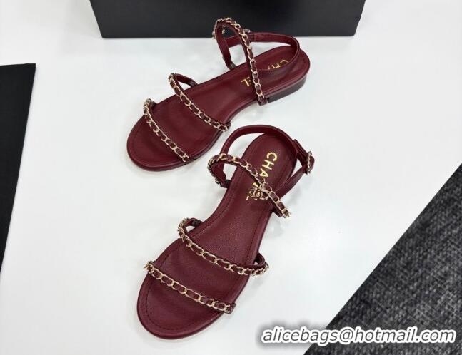 Good Quality Chanel Lambskin Flat Sandals with Chain Strap Burgundy 2025 G45667