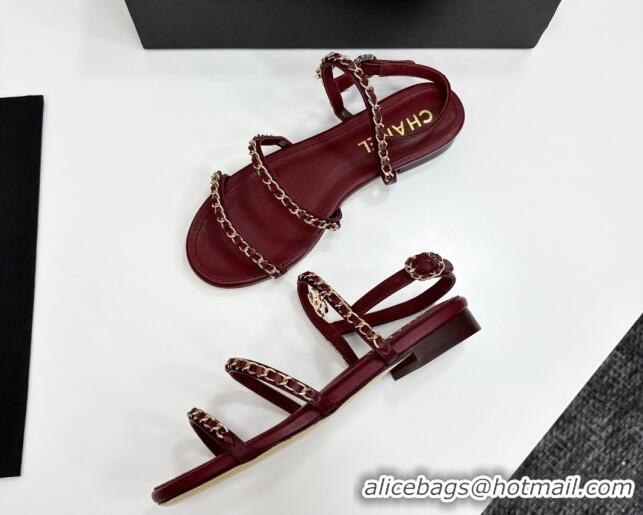 Good Quality Chanel Lambskin Flat Sandals with Chain Strap Burgundy 2025 G45667
