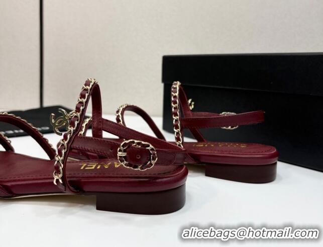 Good Quality Chanel Lambskin Flat Sandals with Chain Strap Burgundy 2025 G45667