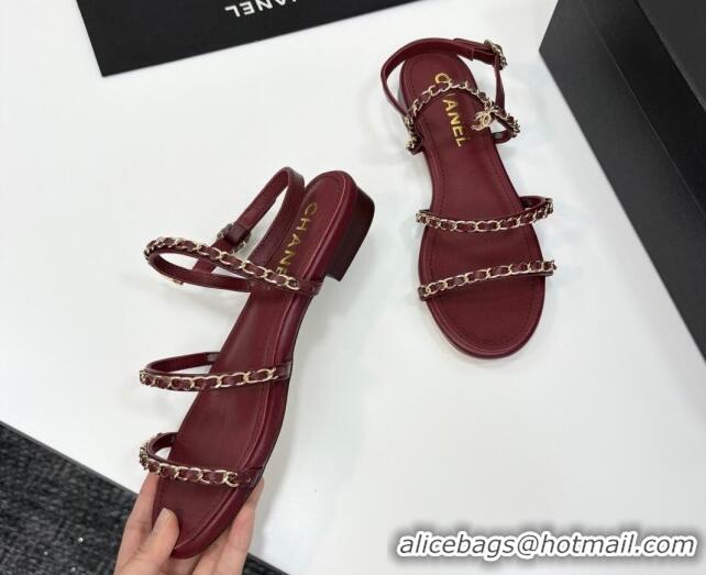 Good Quality Chanel Lambskin Flat Sandals with Chain Strap Burgundy 2025 G45667