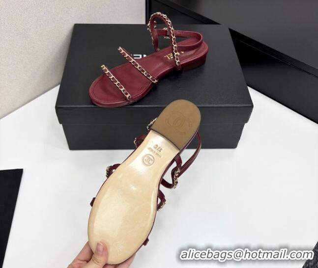 Good Quality Chanel Lambskin Flat Sandals with Chain Strap Burgundy 2025 G45667