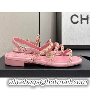 Luxurious Chanel Lambskin Flat Sandals with Chain Strap Pink 2025 G45667