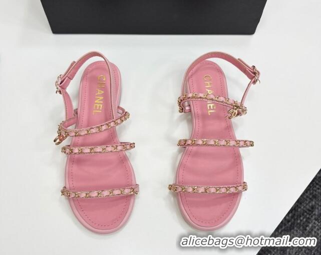 Luxurious Chanel Lambskin Flat Sandals with Chain Strap Pink 2025 G45667