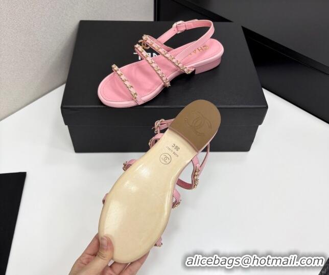 Luxurious Chanel Lambskin Flat Sandals with Chain Strap Pink 2025 G45667