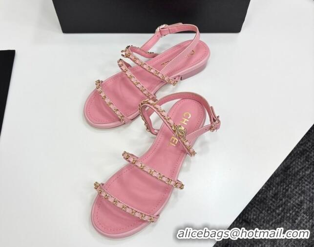 Luxurious Chanel Lambskin Flat Sandals with Chain Strap Pink 2025 G45667