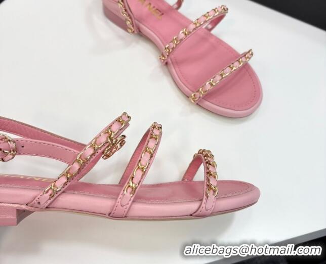 Luxurious Chanel Lambskin Flat Sandals with Chain Strap Pink 2025 G45667