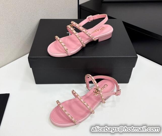 Luxurious Chanel Lambskin Flat Sandals with Chain Strap Pink 2025 G45667