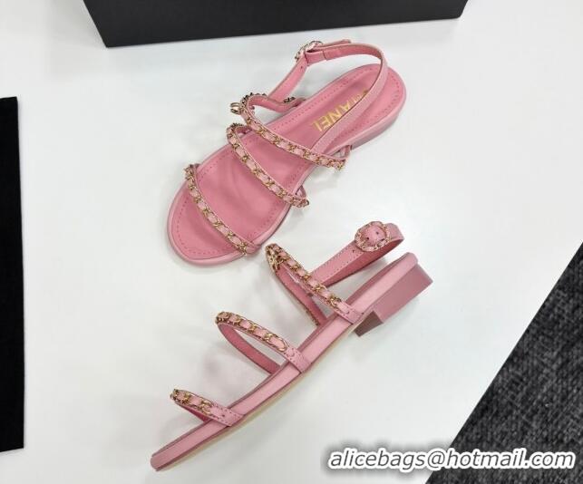 Luxurious Chanel Lambskin Flat Sandals with Chain Strap Pink 2025 G45667
