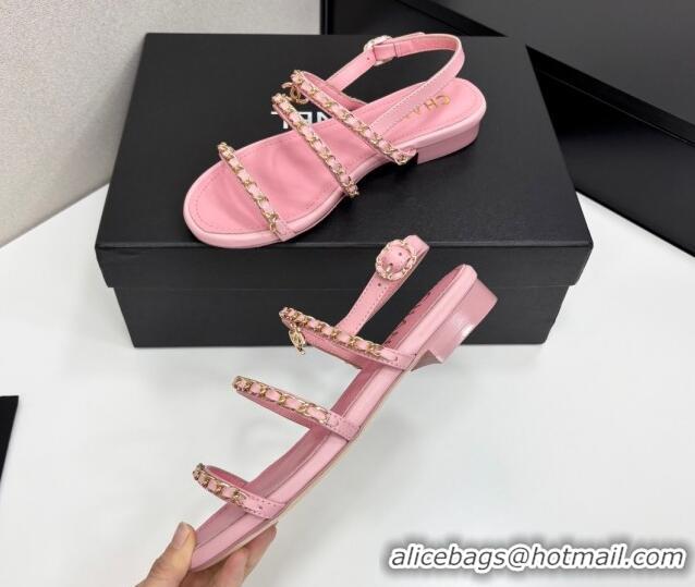 Luxurious Chanel Lambskin Flat Sandals with Chain Strap Pink 2025 G45667