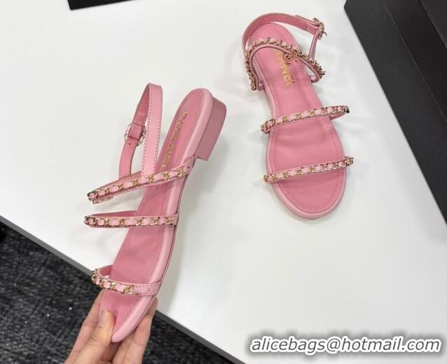 Luxurious Chanel Lambskin Flat Sandals with Chain Strap Pink 2025 G45667