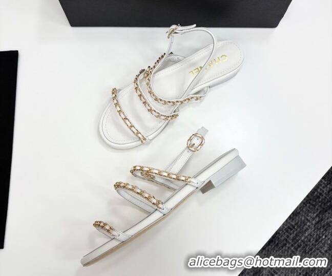 Low Price Chanel Lambskin Flat Sandals with Chain Strap White 2025 G45667