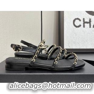 Low Cost Chanel Lambskin Flat Sandals with Chain Strap Black 2025 G45667