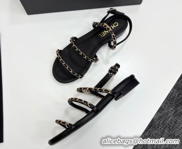 Low Cost Chanel Lambskin Flat Sandals with Chain Strap Black 2025 G45667