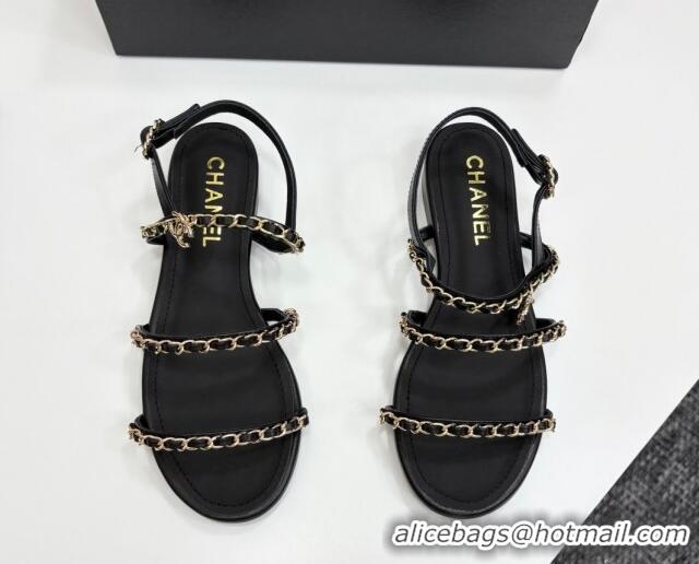 Low Cost Chanel Lambskin Flat Sandals with Chain Strap Black 2025 G45667