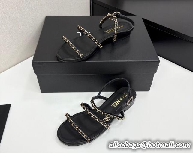Low Cost Chanel Lambskin Flat Sandals with Chain Strap Black 2025 G45667