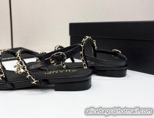 Low Cost Chanel Lambskin Flat Sandals with Chain Strap Black 2025 G45667