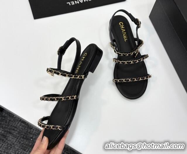 Low Cost Chanel Lambskin Flat Sandals with Chain Strap Black 2025 G45667