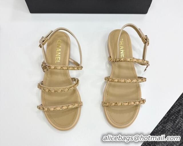 Durable Chanel Lambskin Flat Sandals with Chain Strap Beige 2025 G45667