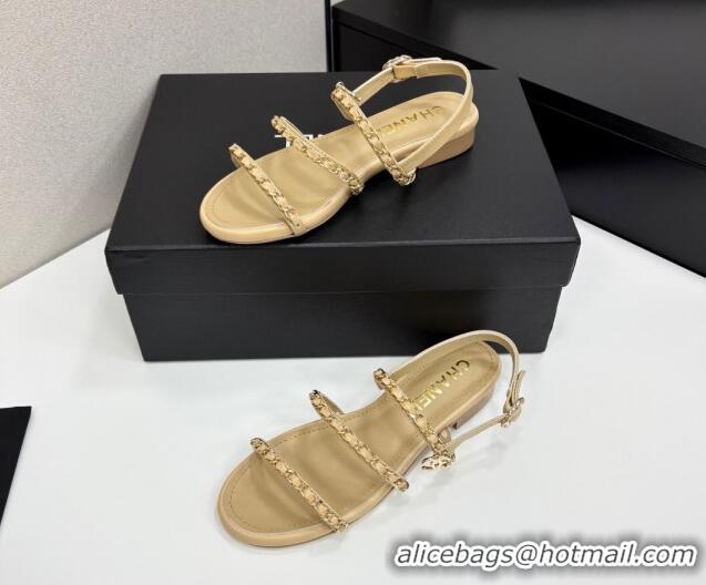 Durable Chanel Lambskin Flat Sandals with Chain Strap Beige 2025 G45667