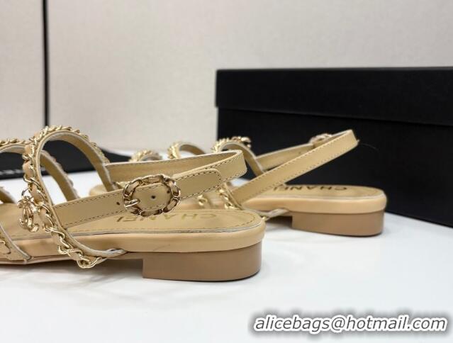 Durable Chanel Lambskin Flat Sandals with Chain Strap Beige 2025 G45667