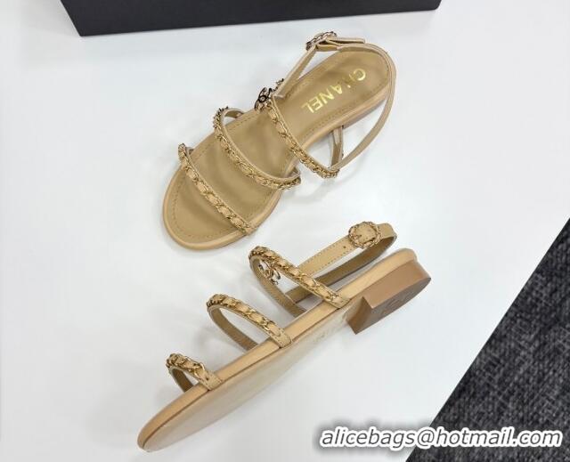 Durable Chanel Lambskin Flat Sandals with Chain Strap Beige 2025 G45667