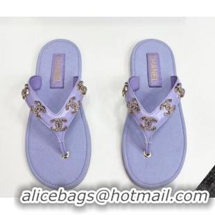 Luxury Cheap Chanel Lambskin Flat Slide Thong Sandals with CC Charm Purple 2025 CH041621