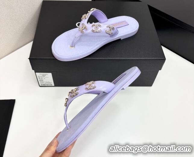 Luxury Cheap Chanel Lambskin Flat Slide Thong Sandals with CC Charm Purple 2025 CH041621