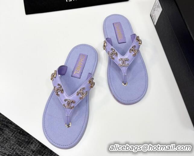 Luxury Cheap Chanel Lambskin Flat Slide Thong Sandals with CC Charm Purple 2025 CH041621