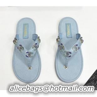 Good Product Chanel Lambskin Flat Slide Thong Sandals with CC Charm Light Blue 2025 CH041621