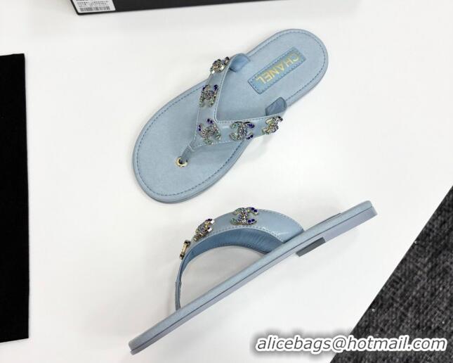 Good Product Chanel Lambskin Flat Slide Thong Sandals with CC Charm Light Blue 2025 CH041621