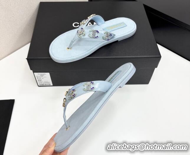 Good Product Chanel Lambskin Flat Slide Thong Sandals with CC Charm Light Blue 2025 CH041621
