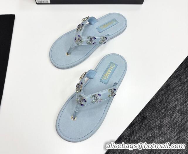 Good Product Chanel Lambskin Flat Slide Thong Sandals with CC Charm Light Blue 2025 CH041621