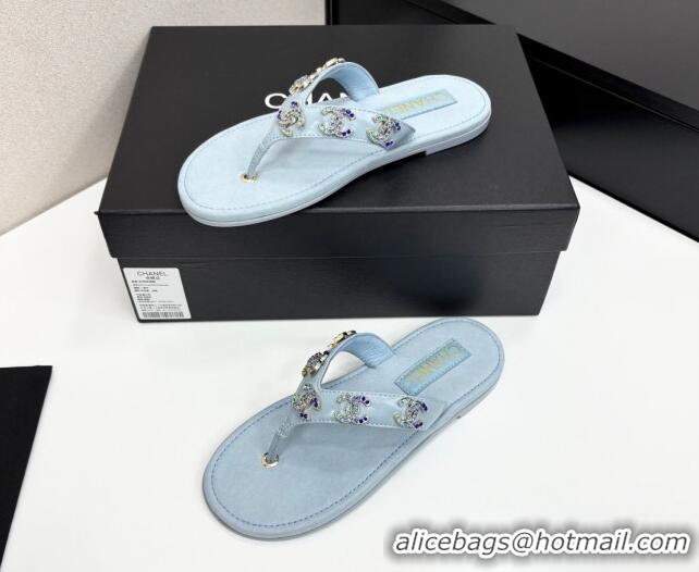 Good Product Chanel Lambskin Flat Slide Thong Sandals with CC Charm Light Blue 2025 CH041621