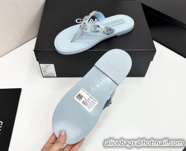 Good Product Chanel Lambskin Flat Slide Thong Sandals with CC Charm Light Blue 2025 CH041621