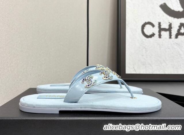 Good Product Chanel Lambskin Flat Slide Thong Sandals with CC Charm Light Blue 2025 CH041621