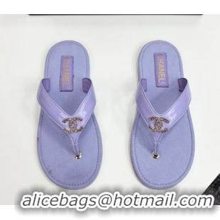 Most Popular Chanel Lambskin Flat Slide Thong Sandals with Strass CC Purple 2025 CH041621